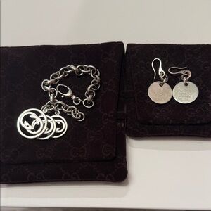 Gucci Sterling Silver Interlocking Charm Bracelet with Coin Drop Earrings